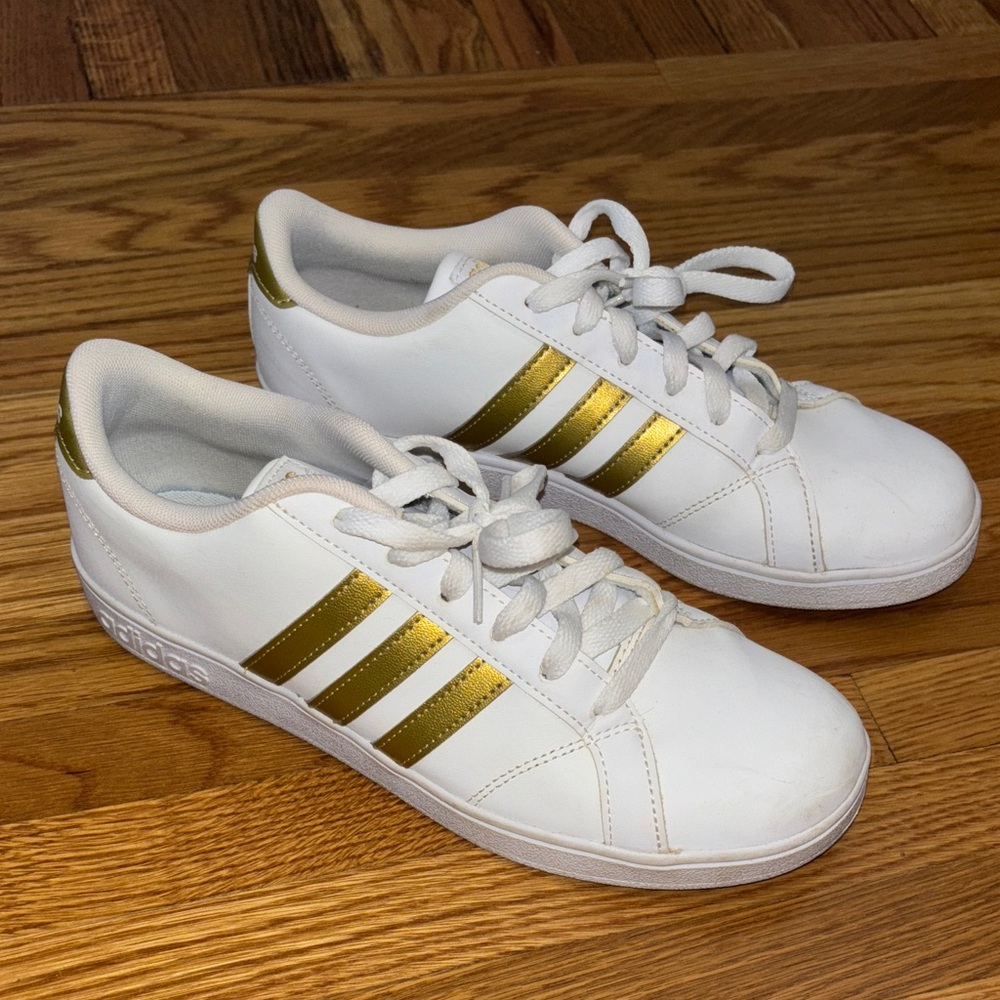 Adidas White and Gold Striped Sneakers